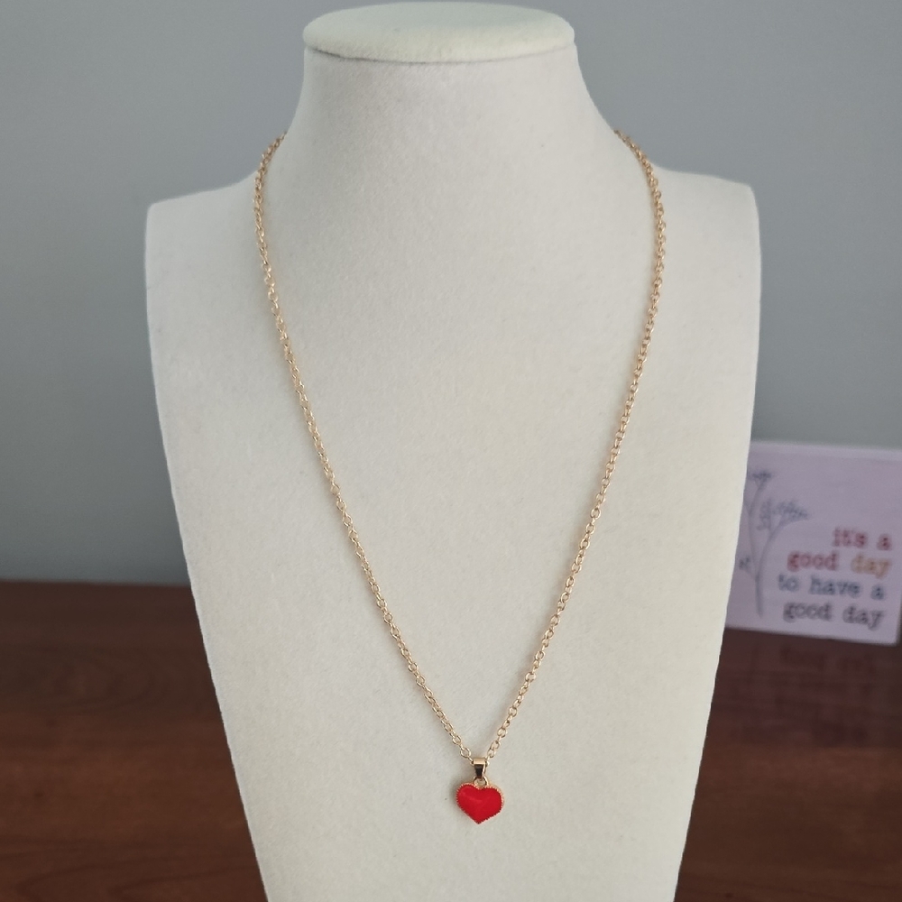Gold Necklace with Red Heart Pendant